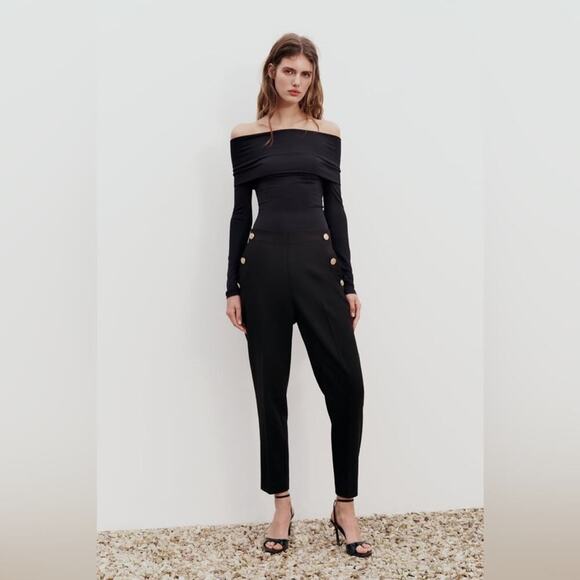 Zara Black BUTTONED STRAIGHT LEG PANTS Size Small - Picture 1 of 12
